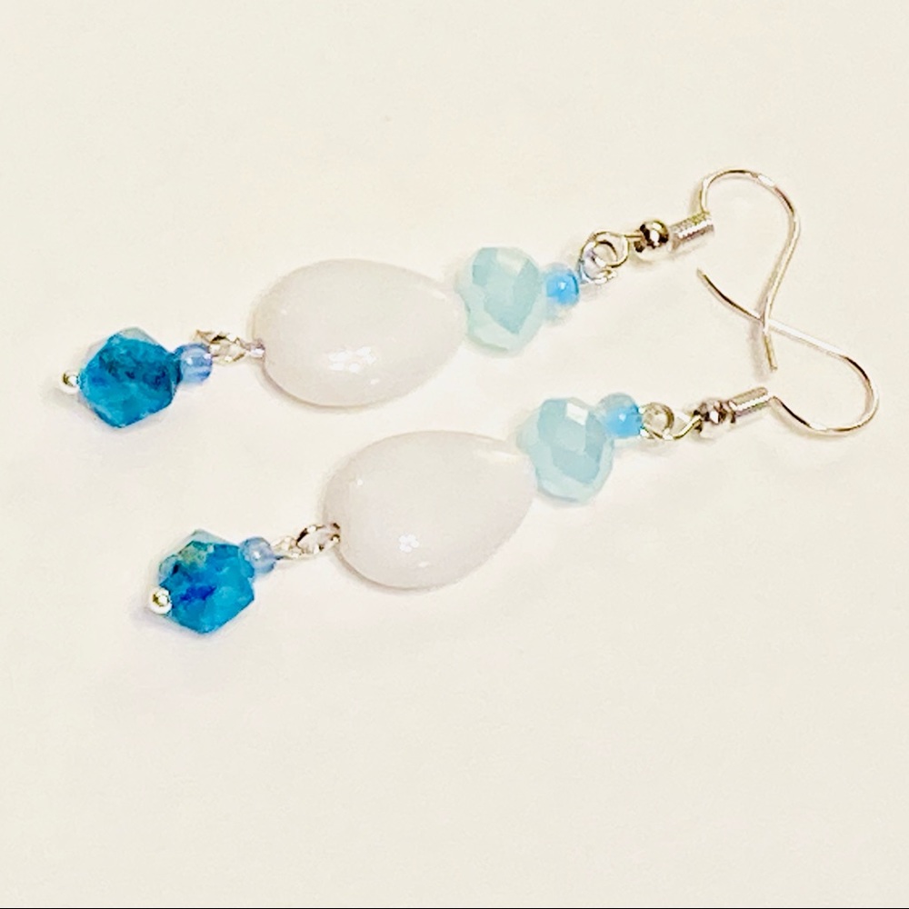 White Alabaster & Semi-precious Apatite Stone Ocean Blue Boho Style Earrings